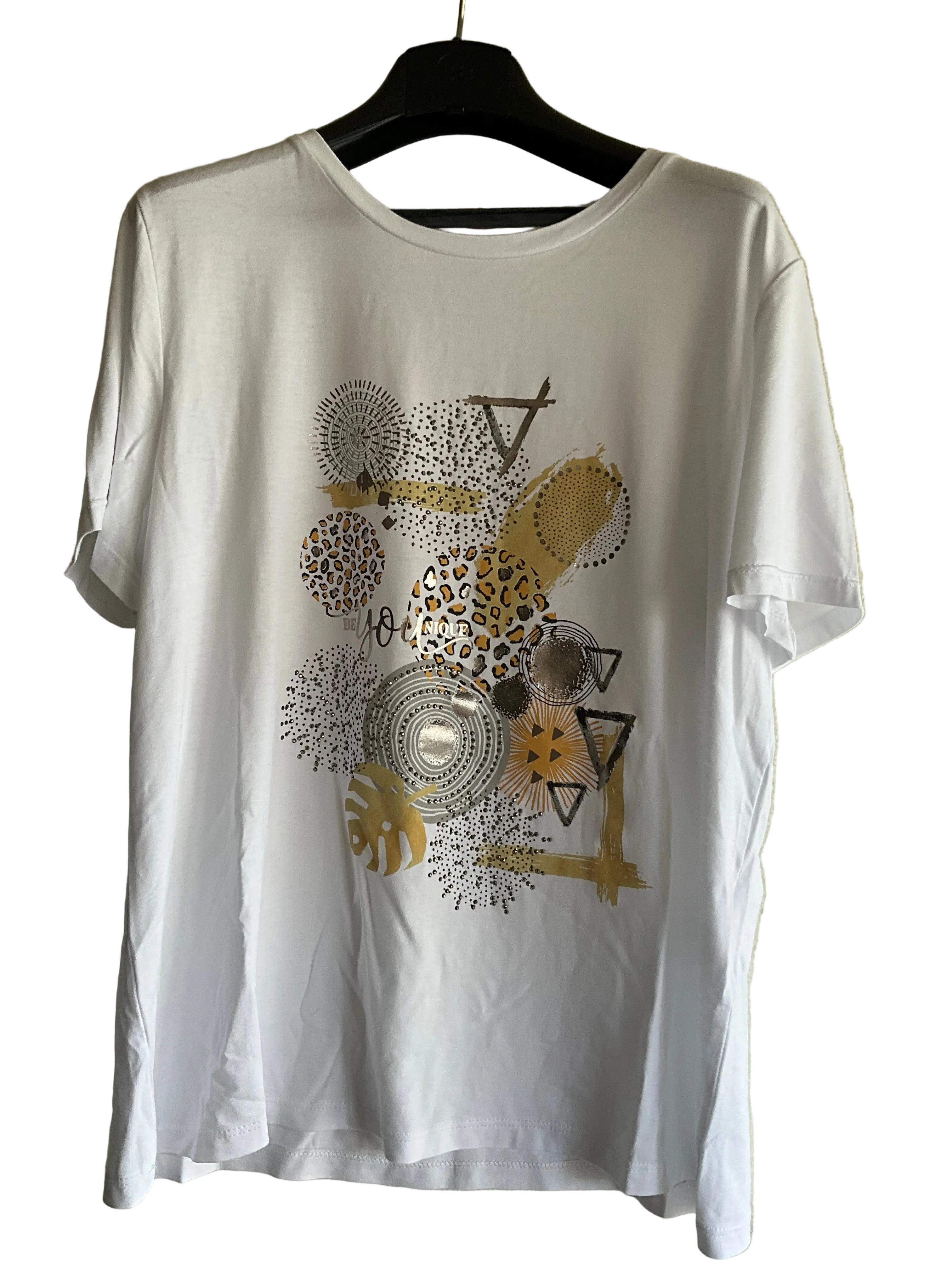 T-shirt bianca con stampa oro e animalier