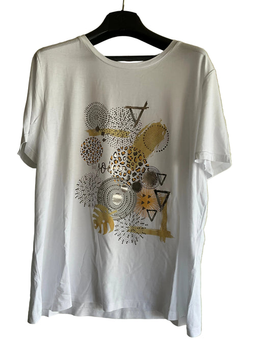 T-shirt bianca con stampa oro e animalier